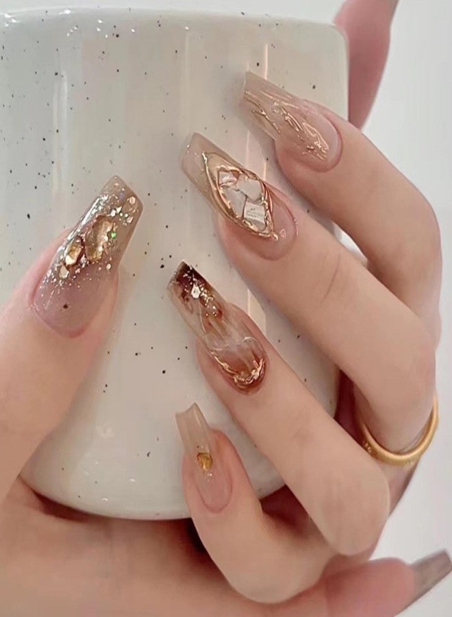 YoYoee Medium Full Cover Nails Tips Luxury Nude False Nails Marble Nails Coffin Press on Nails Gradient Fake Nails for Women and Girls 24PCS - Image 1
